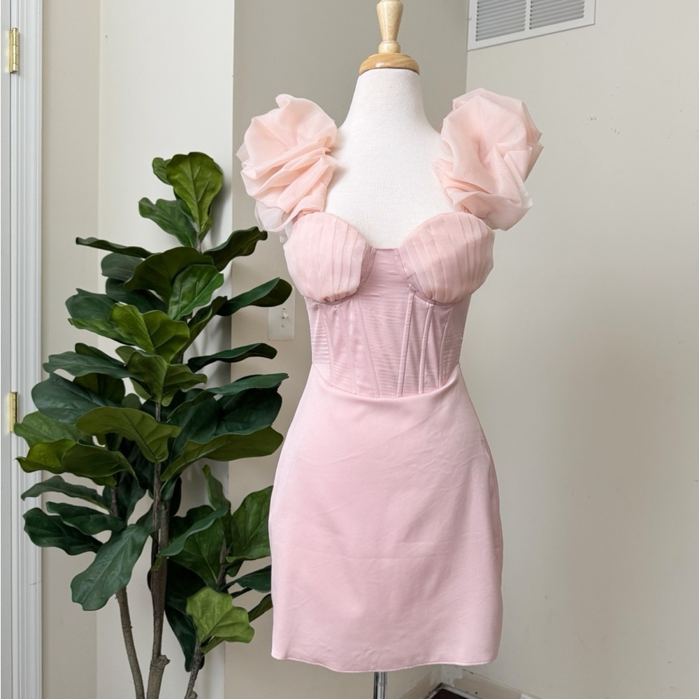 Pink Elegant Puff-Sleeve Mini Dress